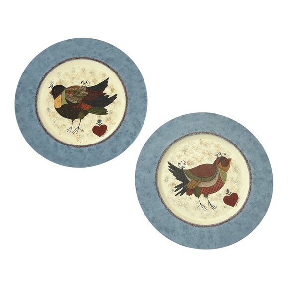Signed RJ Cornell 1998 Hand-Painted Folk Art Wall Plaques – Pair of Wooden Plate - Picture 1 of 5